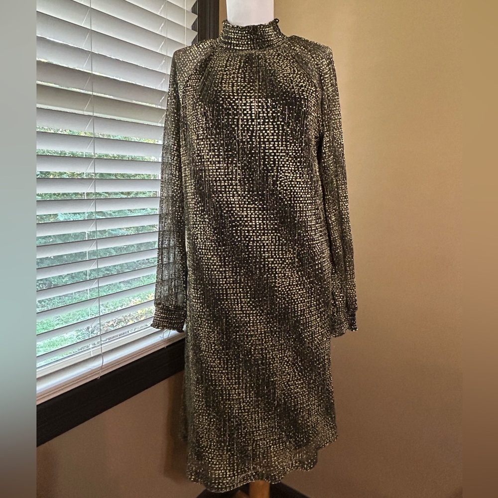 Nina Leonard Black and Gold Long Sleeve Dress